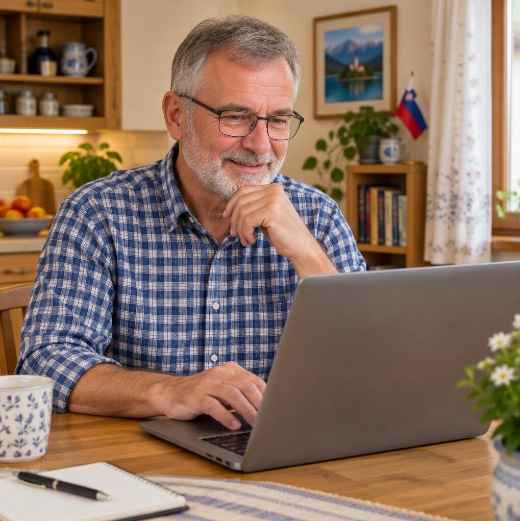 Senior man with grey beard learning on a laptop at home
