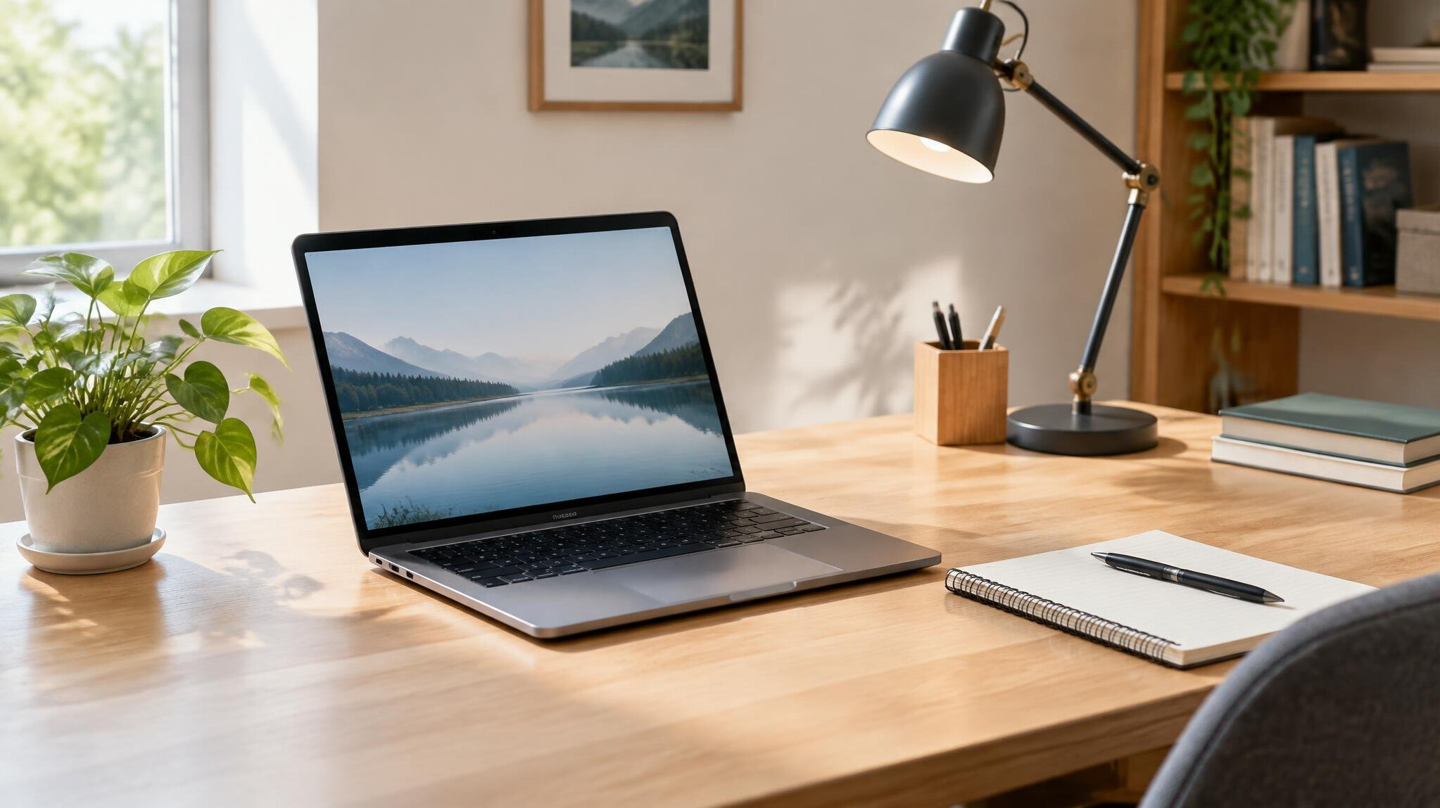 Tidy home study workspace with laptop, notebook and desk lamp