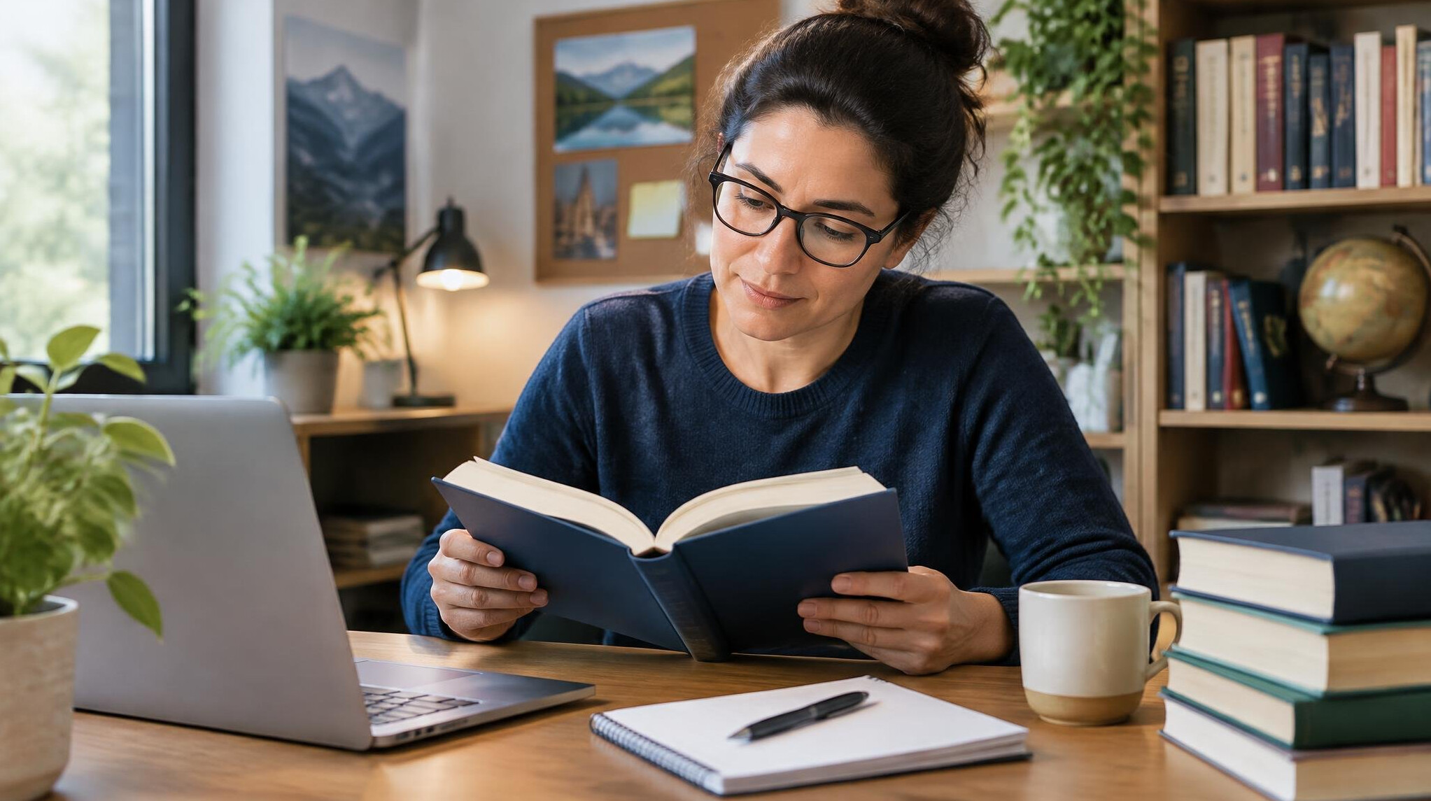 person reading book at desk